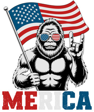 Bigfoot Merica Rock American Flag Patriotic 4th Of July