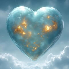 Fototapeta premium Celestial heart, glowing embers within translucent form, floats amidst clouds