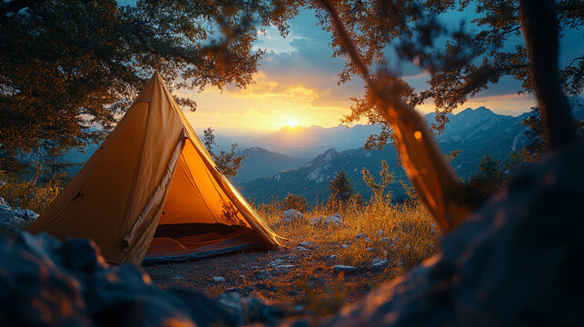 Sunrise view from inside a softly blurred triangular tent opening, overlooking a breathtaking mountaintop landscape. Warm morning light enhances the serene and peaceful outdoor camping experience.

