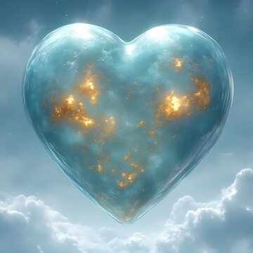 Celestial heart, glowing embers within translucent form, floats amidst clouds