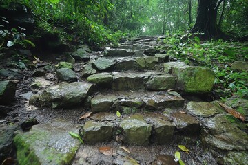 Fototapeta premium Mossy Stone Pathway in Dense Green Forest with Overhanging Trees
