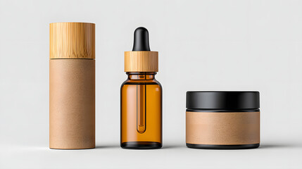 Eco friendly skincare packaging featuring bamboo capped bottle, amber dropper bottle, and jar with minimalist design. natural materials convey sustainability