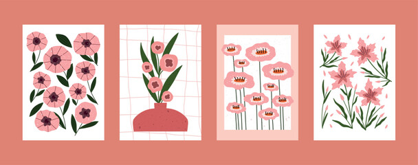 Modern floral wall art set in soft pink and green tones. Hand drawn botanical illustrations with simple flowers, vases, and stems. Elegant and minimalistic design for home decor or nursery room.