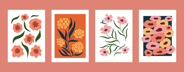 Hand drawn floral compositions featuring modern abstract flowers and leaves. Set of minimalist botanical posters ideal for wall art, home decor, and nature-inspired prints.