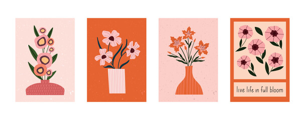 Hand drawn floral posters with stylized flowers in vases and motivational quote. Minimal botanical illustrations in warm tones. Great for wall art, greeting cards, or home decor.