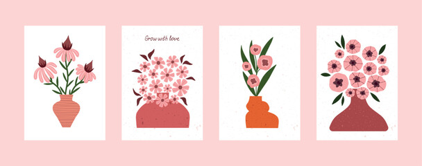 Hand drawn floral poster set with pink and red vases filled with blooming flowers. Whimsical and minimalist bouquet compositions, perfect for nursery art, wall prints, or botanical decor.