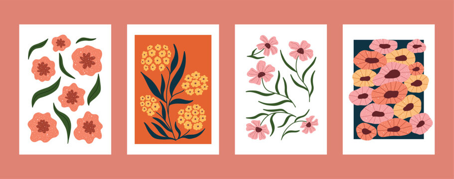Hand drawn floral compositions featuring modern abstract flowers and leaves. Set of minimalist botanical posters ideal for wall art, home decor, and nature-inspired prints.