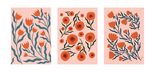 Set of three floral posters with hand drawn orange flowers and blue leaves on soft pink backgrounds. Minimalist botanical wall art, perfect for modern home decor and summer vibes.