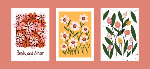 Hand drawn floral posters with blooming flowers, inspirational quote, and textured background. Whimsical botanical compositions in a playful modern style. Perfect for wall decor, nursery prints