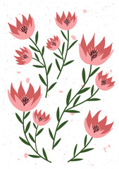 Delicate hand drawn pink flowers with green stems on a speckled white background.
