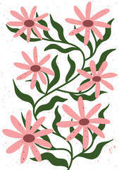Hand drawn floral pattern with pink daisy flowers and green leaves on white.