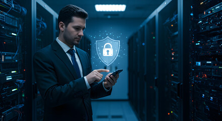 Secure Data: Man in Server Room with Digital Security Shield