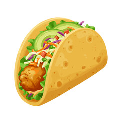 Illustration of a fish taco with slaw, avocado, and sauce in a soft tortilla