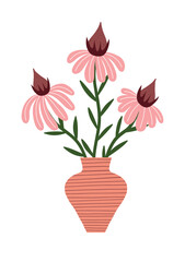 Hand drawn pink flowers in a striped terracotta vase, minimal and charming illustration.