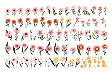 Hand drawn flower clipart bundle with various blooming shapes, leaves, and stems. Modern flat botanical elements perfect for floral design, stickers, cards, patterns, and digital scrapbooking.