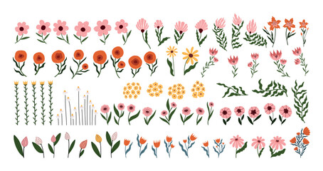 Hand drawn floral clipart with whimsical flowers and leaves in soft pink, red, orange, and green tones. Decorative vector set for greeting cards, wall art, invitations, or surface design.