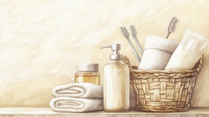 Beige bathroom toiletries in a wicker basket