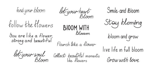 Inspirational hand drawn lettering quotes about blooming and growth. Uplifting floral-themed phrases in modern minimal fonts. Perfect for cards, wall art, planners, and motivational printables.