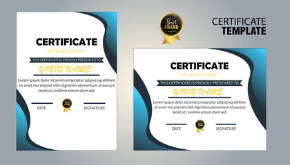 Modern certificate of achievement template with blue and white design