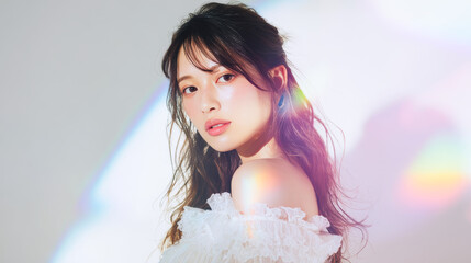 肌が輝く美しい女性のアップポートレート