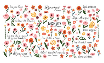 Inspirational floral lettering with positive quotes and hand drawn flower elements. Uplifting typography with cute botanical doodles in pink, orange, and yellow. Perfect for posters, wall decor, cards