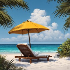 Obraz premium Beach scene with lounge chair and umbrella, vacation and travel advertising, summer promotions, tourism marketing