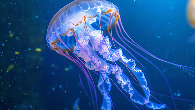 Bioluminescent jellyfish floating in deep ocean blue