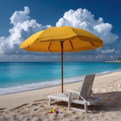 Beach scene with umbrella and chair for relaxation and vacation advertising, travel blogs, and summer promotions