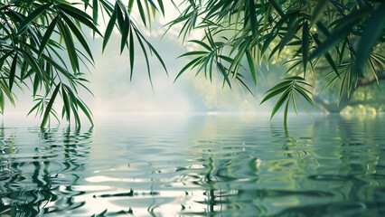 Tranquil bamboo forest with water reflection and mist