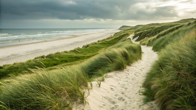 A sandy path through grassy dunes leading to a beach under a cloudy sky landscape