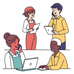 Diverse team working together on devices, transparent background