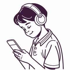 Happy young person listening to music on headphones using smartphone