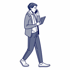 Businessman walking talking phone tablet digital device