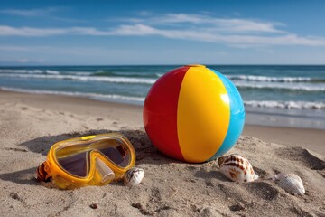 Beach scene with ball, mask and shells on sand near the ocean. use cases: summer vacation, travel, recreation, leisure.