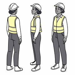 Professional female construction worker, three views, transparent background