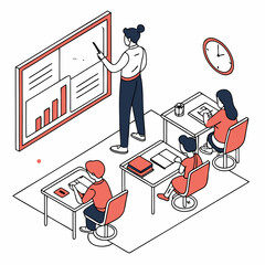 Professional isometric illustration classroom teacher students learning presentation white background