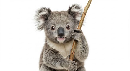 Naklejka premium Adorable Koala playfully holds branch against bright white background. AI Generated
