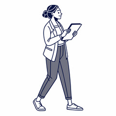 Woman walking using tablet digital device modern style