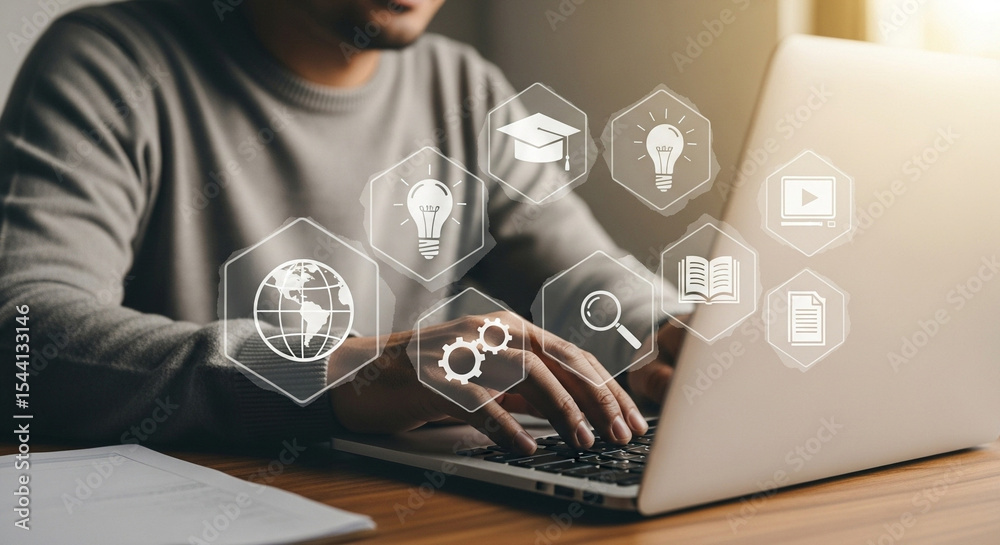 Aufkleber person typing on a laptop with educational icons floating around the screen in a bright setting