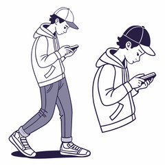 Teen boy using smartphone walking side profile view