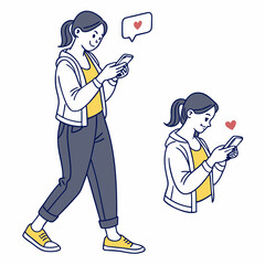 Young woman walking using smartphone social media likes