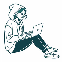 Woman in hoodie using laptop, clean cutout, transparent background