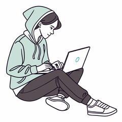 Young person in hoodie using laptop computer sitting on floor