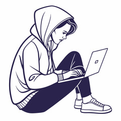 Young woman in hoodie using laptop computer sitting floor