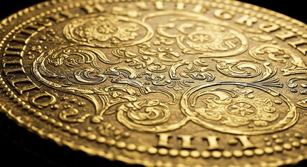 Intricate gold coin displays richly detailed ornate carvings glowing softly under warm light. AI Generated