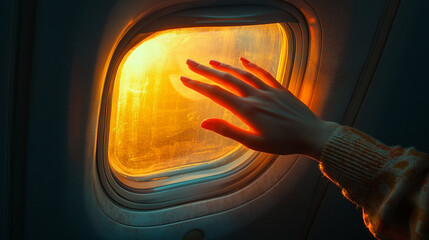 Serene airplane window view with a soft female hand reaching toward warm sunlight streaming through the oval window, casting gentle shadows and a golden glow on the interior wall.

