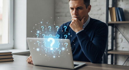 Man contemplating computer screen with question marks overlayed on the display near a bookshelf