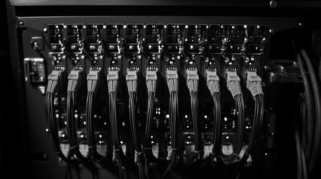 Close-up of server rack, dark & technical