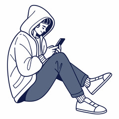 Young person sitting floor using smartphone hoodie