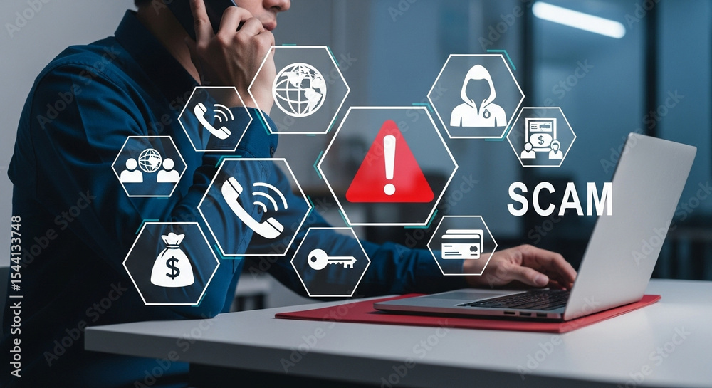 Poster man on phone with scam icons overlayed on laptop screen warning about online fraud and cybercrime ri